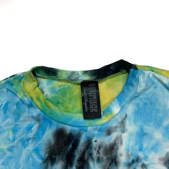 Be Free Los Angeles‎ Tie Dye Crop Top | Yellow Blue Black Short Sleeve Tee - Picture 8 of 9